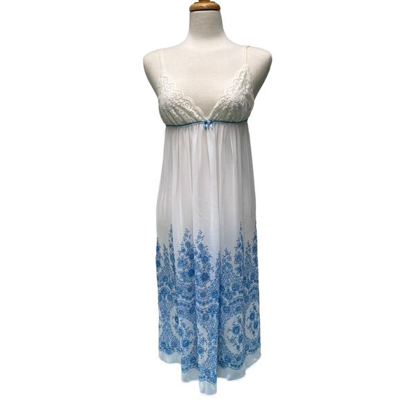 In Bloom by Jonquil Nightgown Chemise Sz M Sheer Blue Floral Boudoir Coquette - Picture 1 of 12